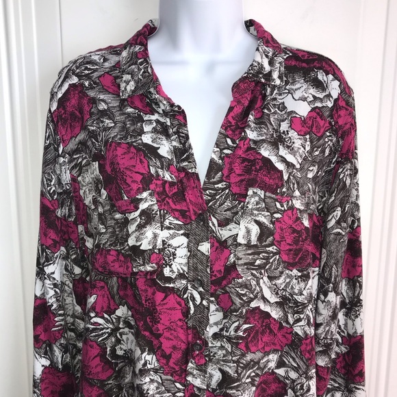 🔴 4/$15 Rock & Republic pink black white floral ls button up shirt sz M in EUC - Picture 6 of 15